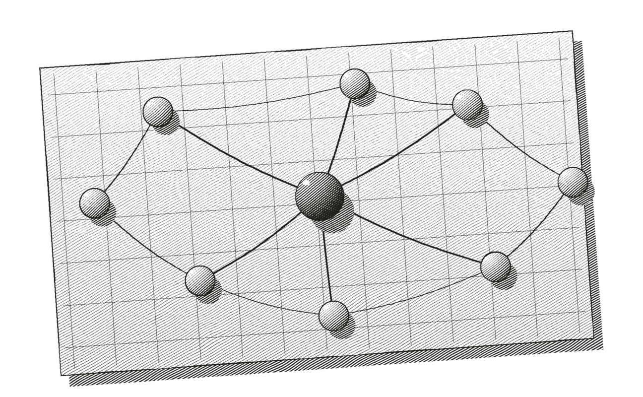 Engraved illustration of a network of connected nodes on a grid.